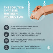 Product advertisement for skin care solution with text and hand illustration on a light blue background