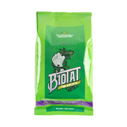 A pack of Biotat numbing green soap wipes with a predominantly green color scheme and a graphic of a hand holding a tattoo needle on the front.