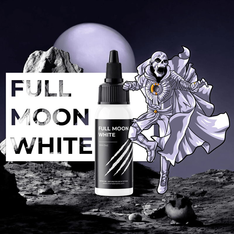 Monsters Ink Full Moon White Tattoo Ink in 30ml and 120ml bottles displayed side by side on a clean white background