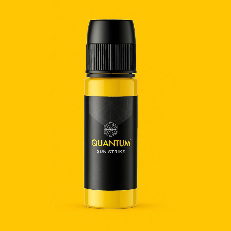 Quantum Sun Strike tattoo ink bottle with vibrant electric yellow pigment made in the USA