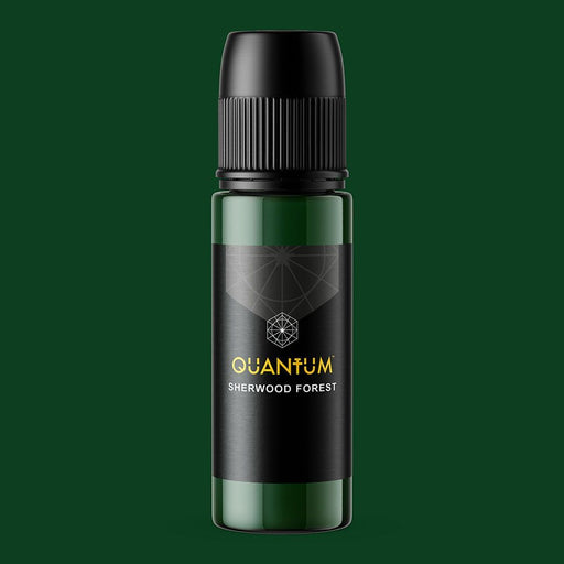 Quantum Sherwood Forest green tattoo ink bottle made in the USA, vegan acrylic-free pigment for professional tattoo artists