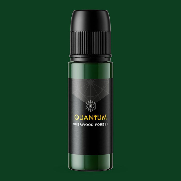 Quantum Sherwood Forest green tattoo ink bottle made in the USA, vegan acrylic-free pigment for professional tattoo artists