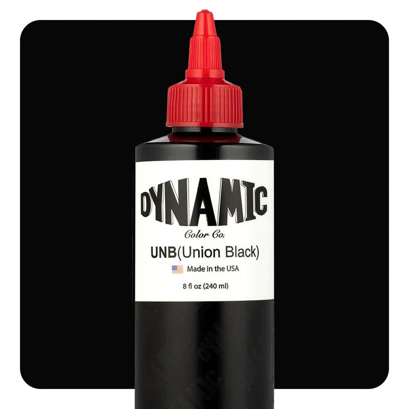 Dynamic Color REACH Black Tattoo Ink – 1oz and 8oz bottles with matte black pigment for EU-compliant tattooing