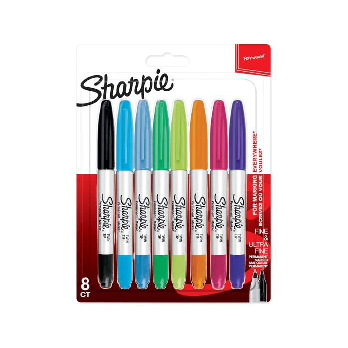 Pack of Sharpie markers in various colors with packaging on a white background