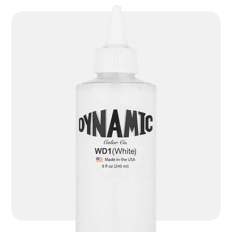 Dynamic Color White Tattoo Ink in 1oz and 5oz bottles for tattoo highlights and blending