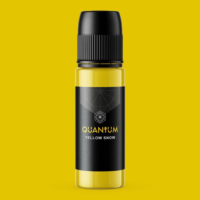 Quantum Yellow Snow tattoo ink bottle made in the USA, vibrant yellow pigment for professional tattoo artists