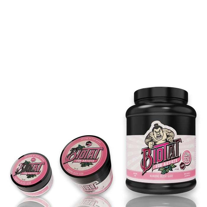 Biotat Glide Blush tattoo glide jars in three sizes on white background