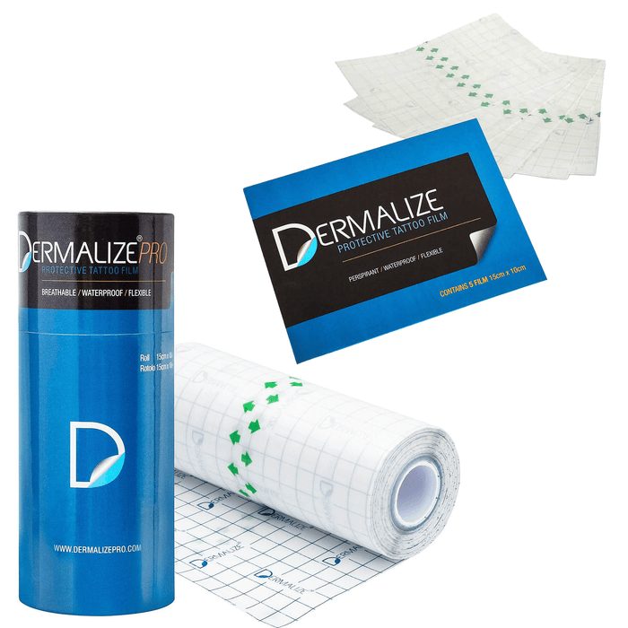 Dermalize Pro Protective Tattoo Film roll and pre-cut sheets for tattoo aftercare