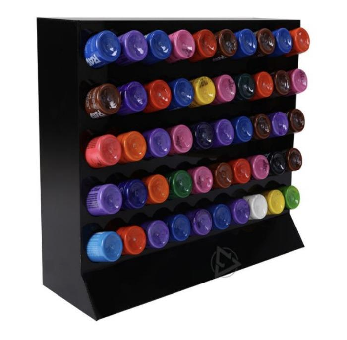 Tattoo ink bottle holder for 30ml bottles, fits 50 inks – available in transparent and black finishes, ideal for professional tattoo studios.