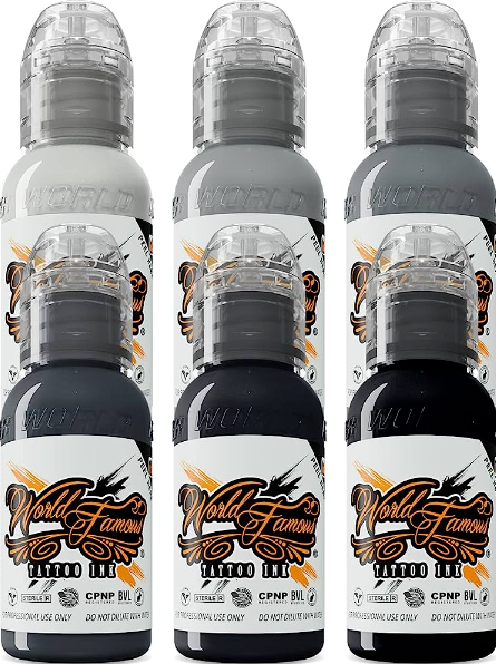 World Famous Monochromatic Tattoo Ink Set 0f 6 (Various Sizes)