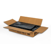 A box of 200 black bin liners, with dimensions 18x29x38 inches, partially opened and displaying the liners inside.
