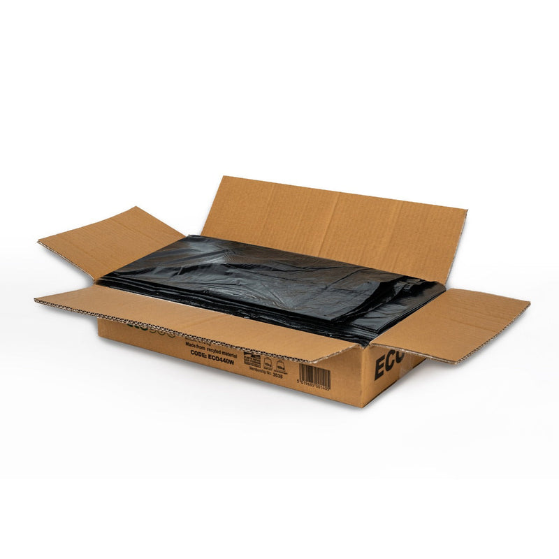 A box of 200 black bin liners, with dimensions 18x29x38 inches, partially opened and displaying the liners inside.
