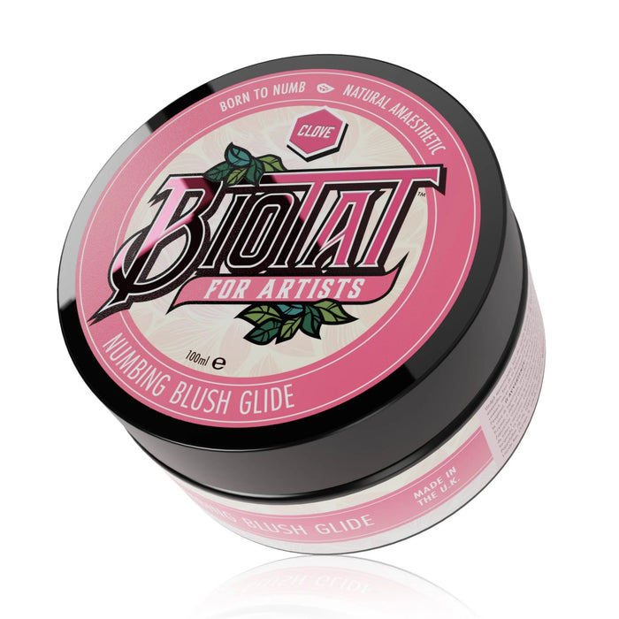 Biotat Blush Numbing Tattoo Glide 100 g and 500 g tubs – Natural Vegan Tattoo Butter available at Monsters Ink