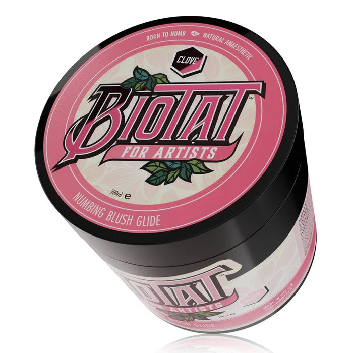 Biotat Blush Numbing Tattoo Glide 100 g and 500 g tubs – Natural Vegan Tattoo Butter available at Monsters Ink