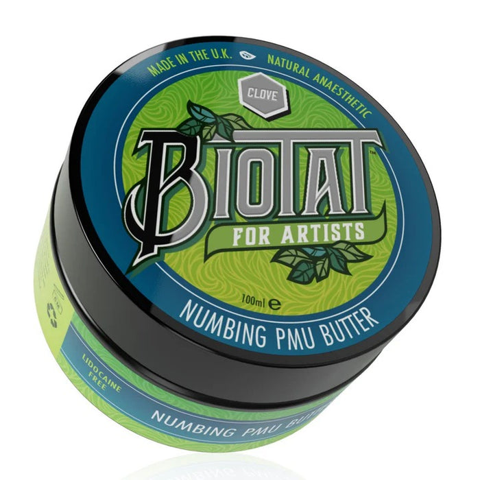 Biotat numbing PMU butter container with green and black design on a white background