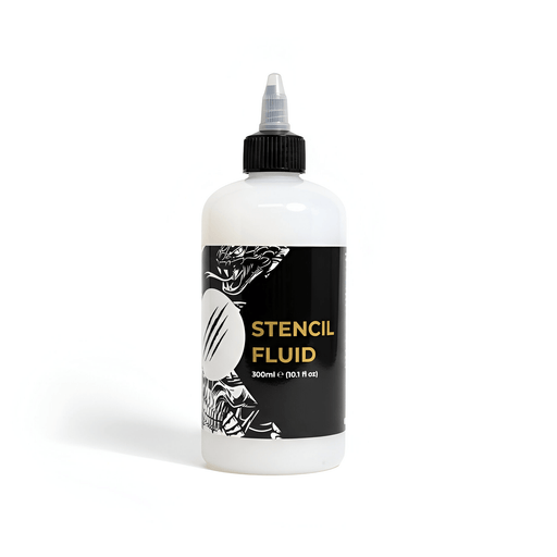 Monsters Ink Stencil Fluid 300ml bottle on white background, premium tattoo stencil transfer solution made in the UK.