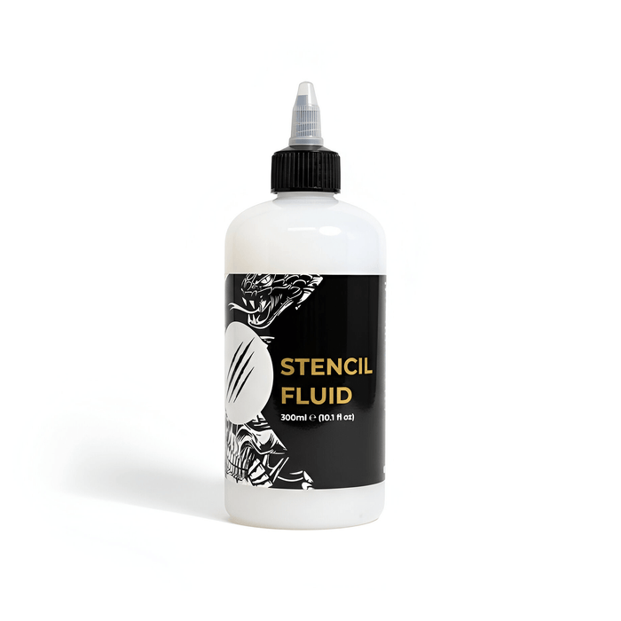 Monsters Ink Stencil Fluid 300ml bottle on white background, premium tattoo stencil transfer solution made in the UK.