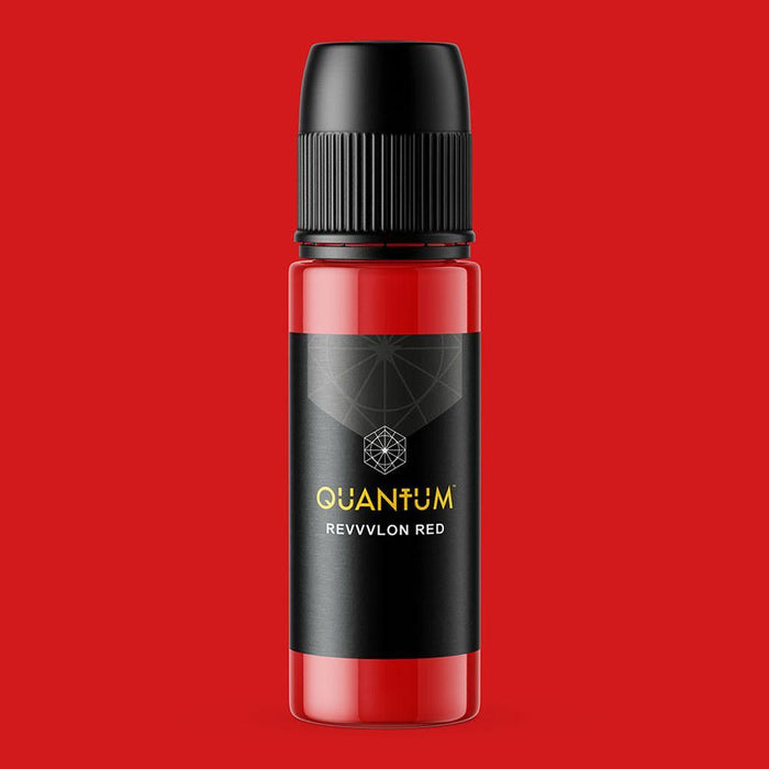 Quantum Revvvlon Red tattoo ink bottle with bold red pigment made in the USA