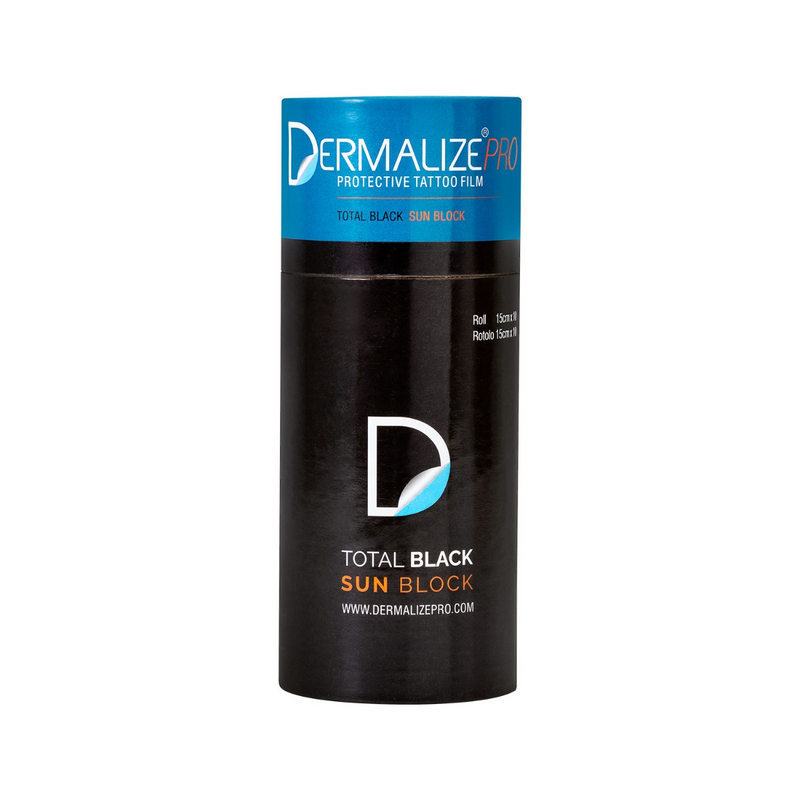 A roll of Dermalize Total Black Sun Block Barrier Film, which is a tattoo protection shield designed to be applied aftercare to protect against sun exposure.