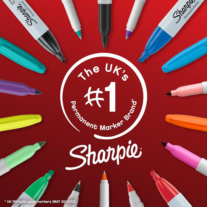 Sharpie markers in various colors arranged around a circular logo on a red background.