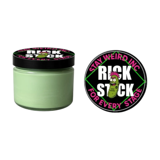 Green jar with a black lid featuring 'Rick Stock' branding on a white background.