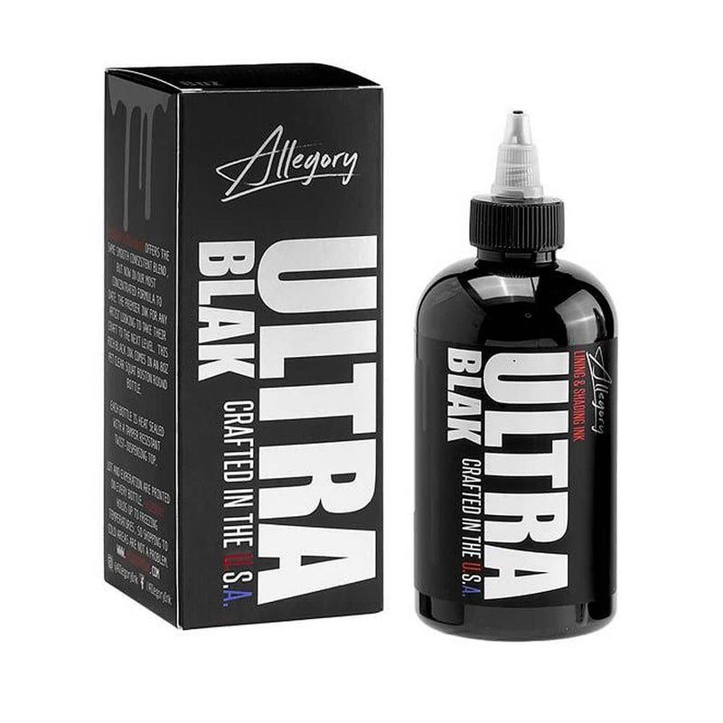 Shop Allegory Ultra Blak Tattoo Ink at Monsters Ink. Deep, super concentrated black for lining, shading & blackouts. Vegan-friendly, made in USA, sizes 30ml, 60ml & 240ml.