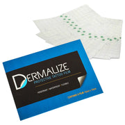 Packaging and pre-cut sheets of Dermalize Pro Protective Tattoo Film, showcasing the product branding and including individual sheets with perforations.