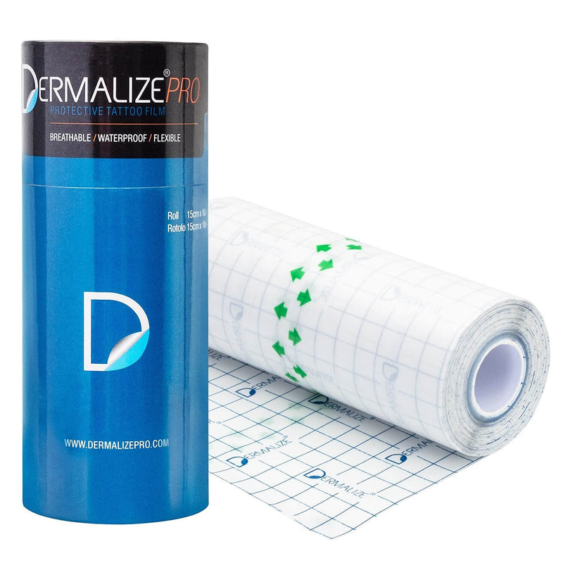 A roll of Dermalize Pro Protective Tattoo Film with packaging, indicating its size and that it is waterproof, breathable, and flexible.